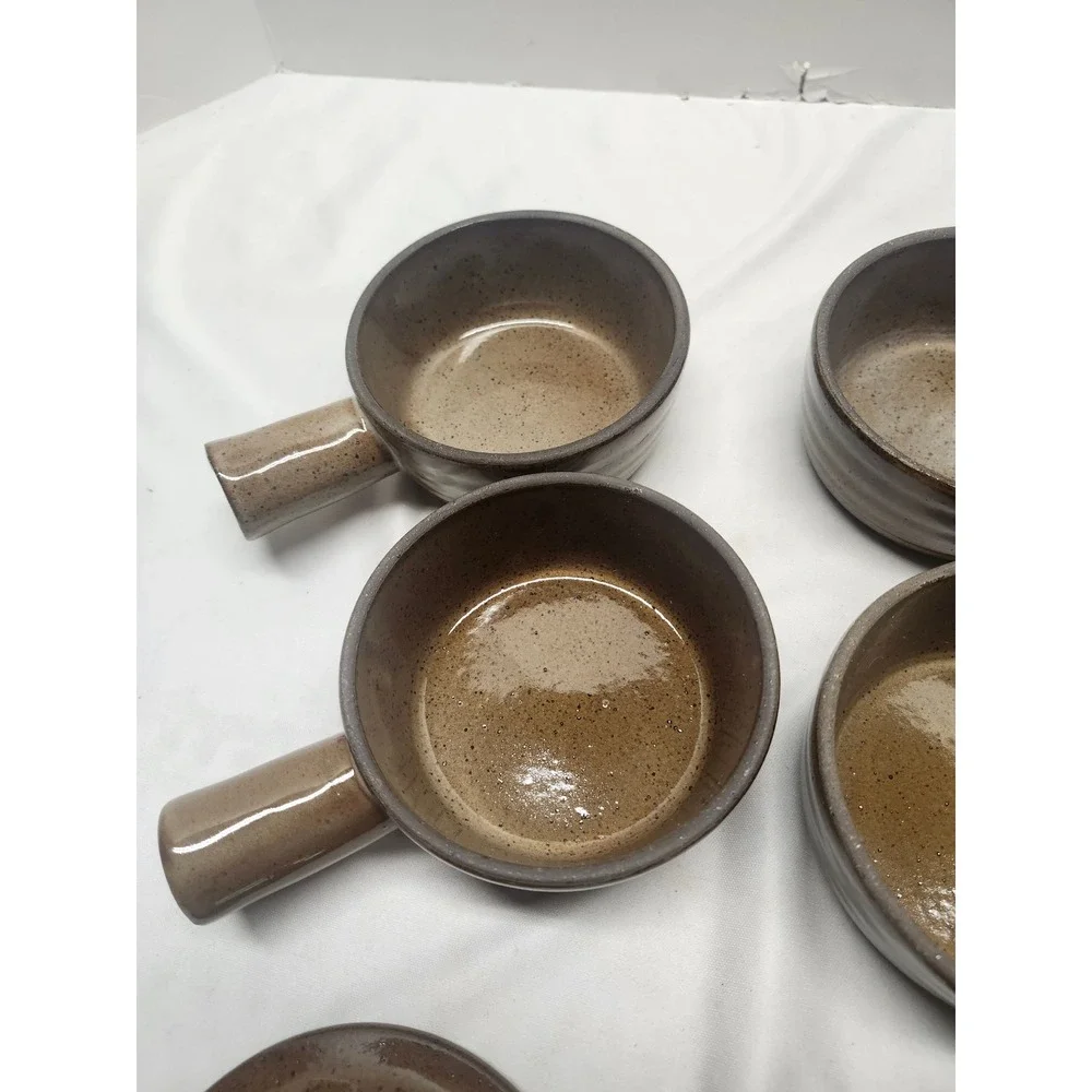 Vintage Brown Speckled Stoneware French Onion Soup Bowls with Lids Set of 4